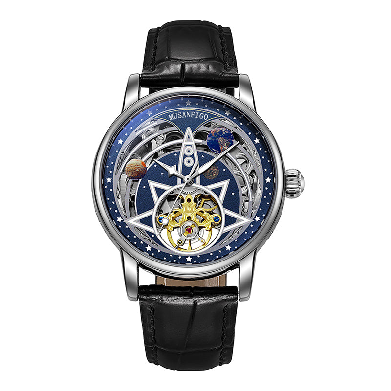 MUSANFIGO Astronomical Skeleton Automatic Watch – Luxury Mechanical Star Dial Leather Strap Watch for Men
