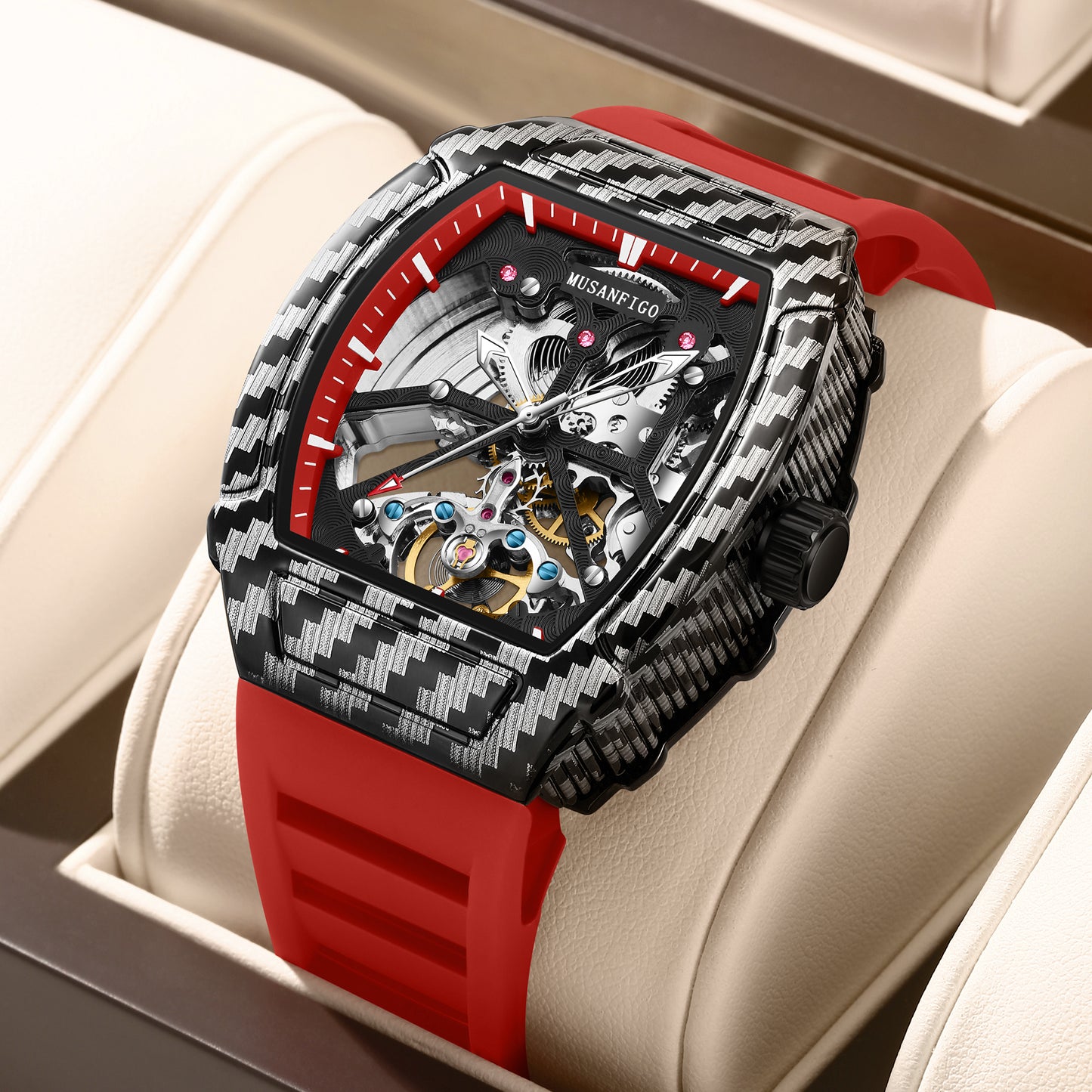 MUSANFIGO Tonneau Skeleton Automatic Watch – Luxury Mechanical Sports Timepiece for Men