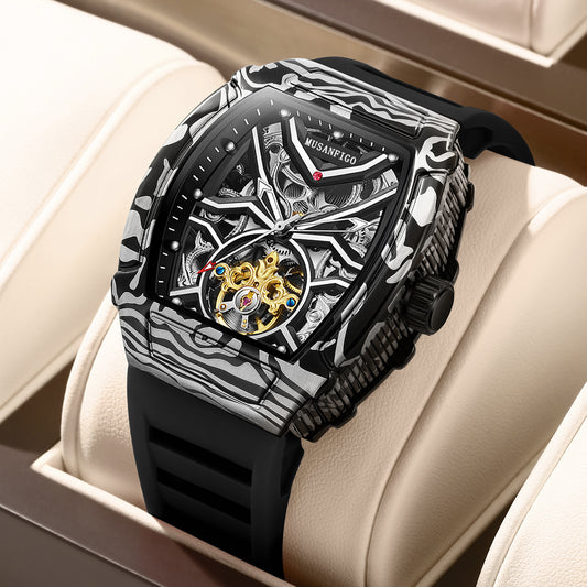MUSANFIGO Tonneau Skeleton Automatic Watch – Bold Mechanical Design with Silicone Strap