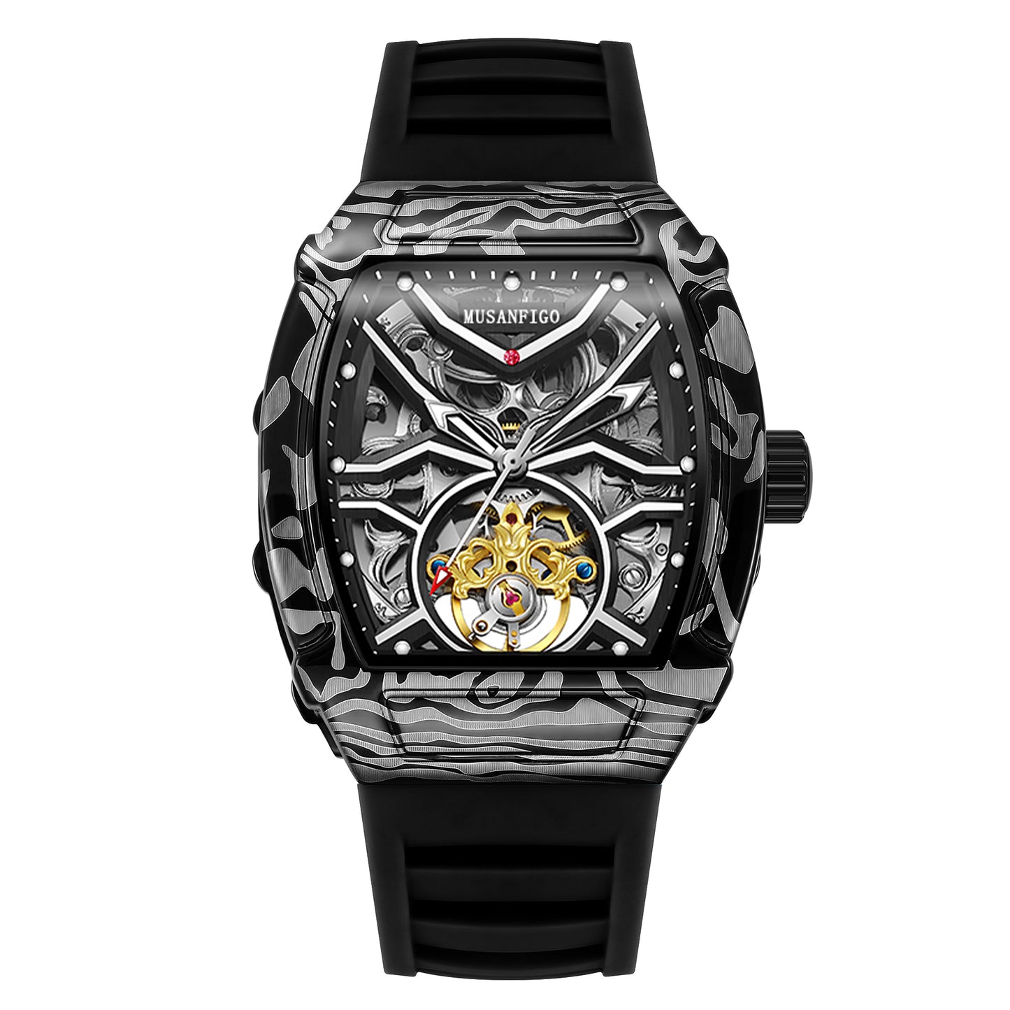 MUSANFIGO Tonneau Skeleton Automatic Watch – Bold Mechanical Design with Silicone Strap