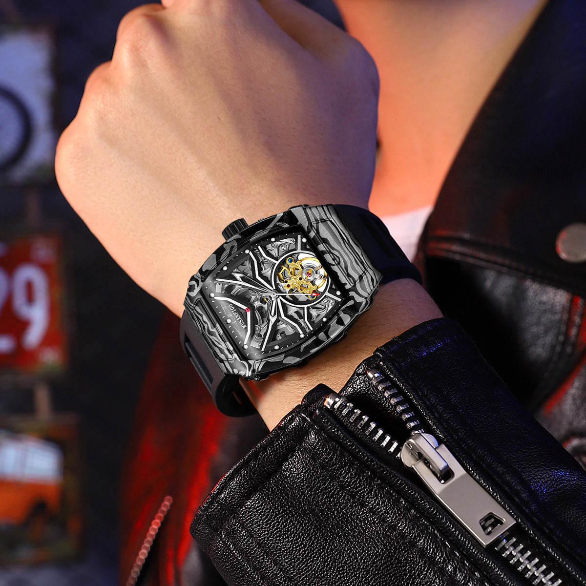 MUSANFIGO Tonneau Skeleton Automatic Watch – Bold Mechanical Design with Silicone Strap