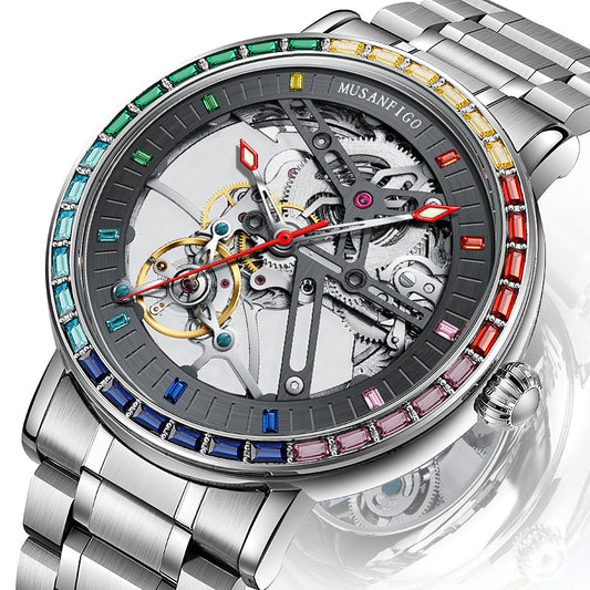 MUSANFIGO Skeleton Automatic Watch with Rainbow Crystal Bezel – Luxury Mechanical Timepiece for Men