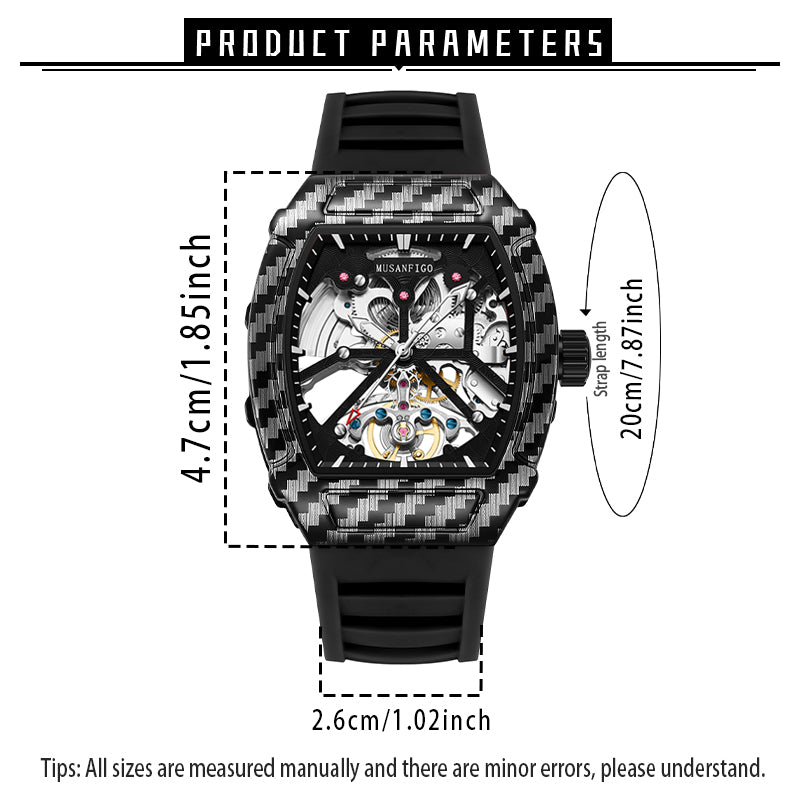 MUSANFIGO Tonneau Skeleton Automatic Watch – Luxury Mechanical Sports Timepiece for Men
