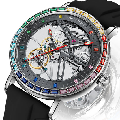 MUSANFIGO Skeleton Automatic Watch with Rainbow Crystal Bezel – Luxury Mechanical Timepiece for Men