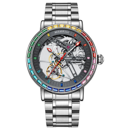 MUSANFIGO Skeleton Automatic Watch with Rainbow Crystal Bezel – Luxury Mechanical Timepiece for Men