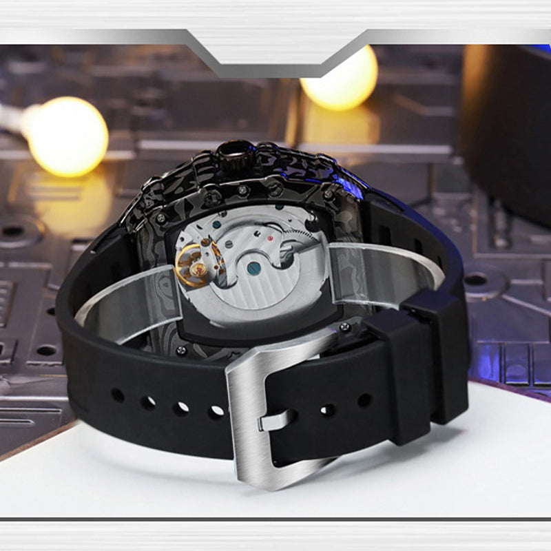 MUSANFIGO Tonneau Skeleton Automatic Watch – Bold Mechanical Design with Silicone Strap
