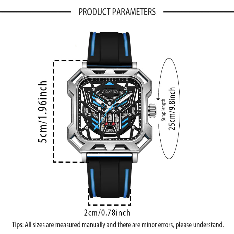 MUSANFIGO Square Skeleton Automatic Watch – Modern Mechanical Sports Watch for Men