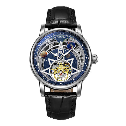 MUSANFIGO Astronomical Skeleton Automatic Watch – Luxury Mechanical Star Dial Leather Strap Watch for Men