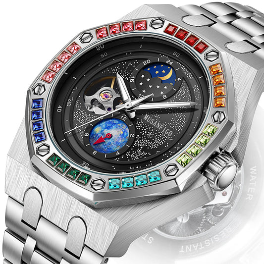 MUSANFIGO Automatic Mechanical Watch with Moon Phase – Luxury Multicolor Bezel Stainless Steel Watch for Men