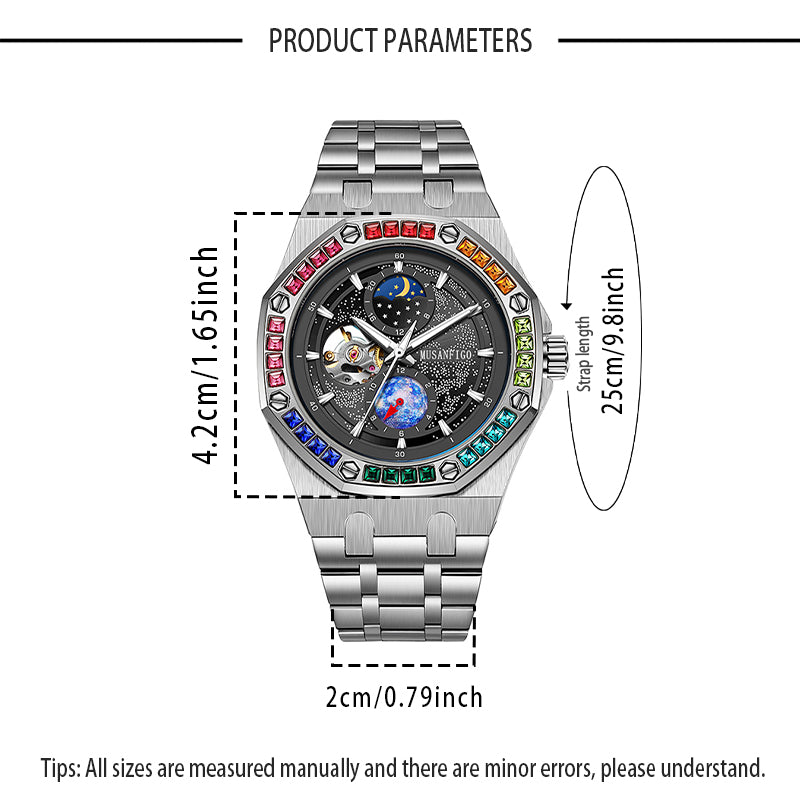 MUSANFIGO Automatic Mechanical Watch with Moon Phase – Luxury Multicolor Bezel Stainless Steel Watch for Men