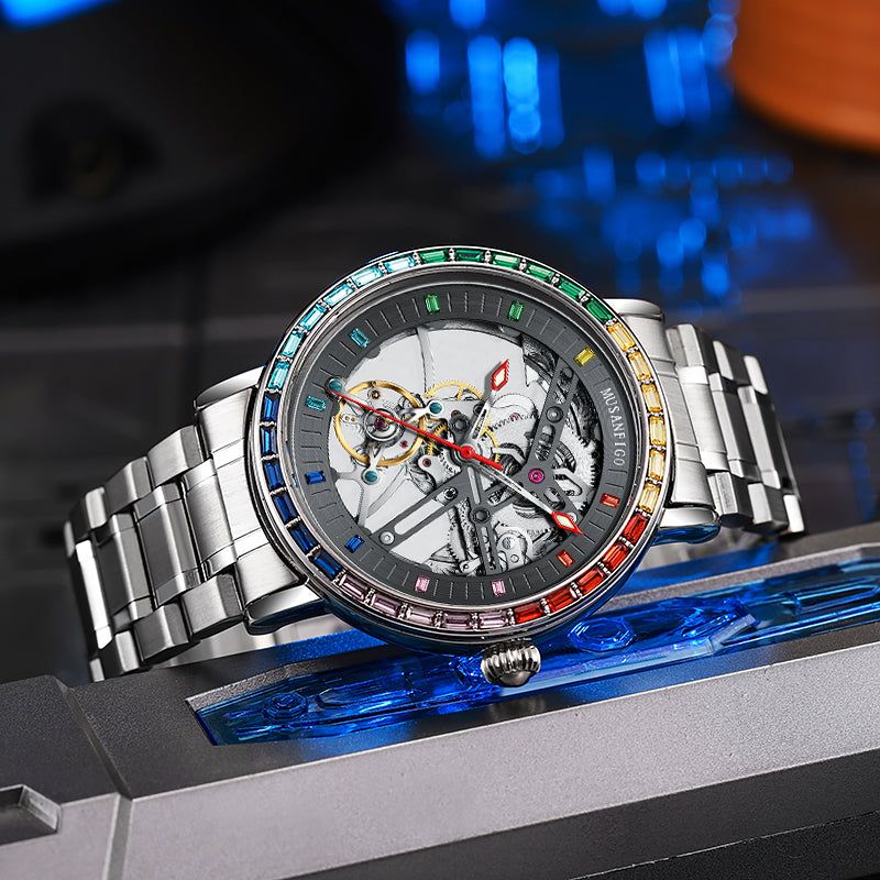 MUSANFIGO Skeleton Automatic Watch with Rainbow Crystal Bezel – Luxury Mechanical Timepiece for Men