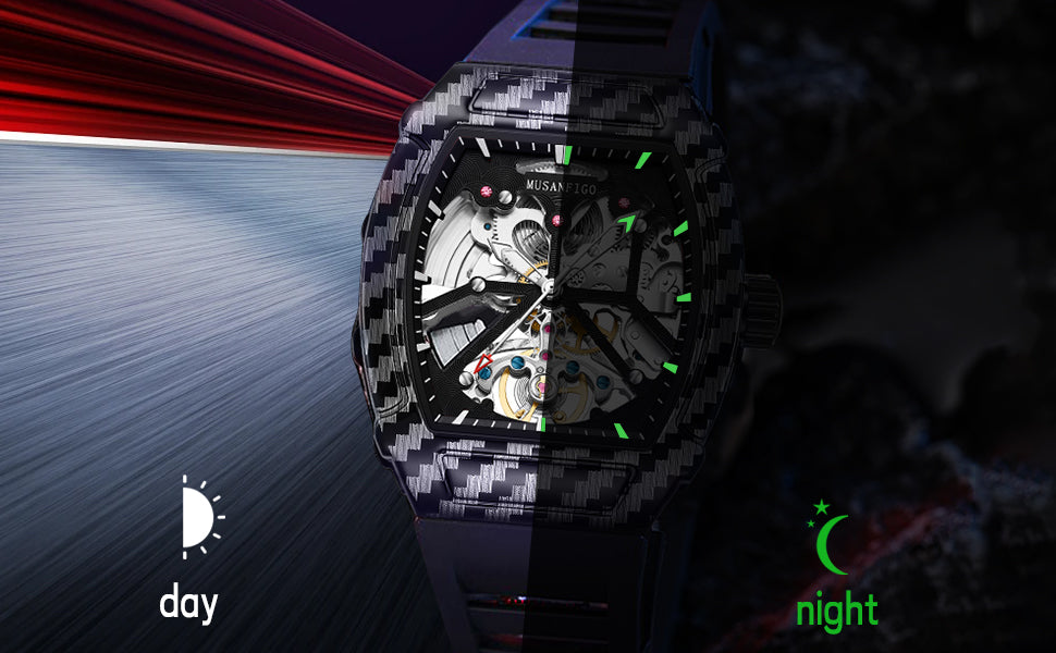MUSANFIGO Tonneau Skeleton Automatic Watch – Luxury Mechanical Sports Timepiece for Men