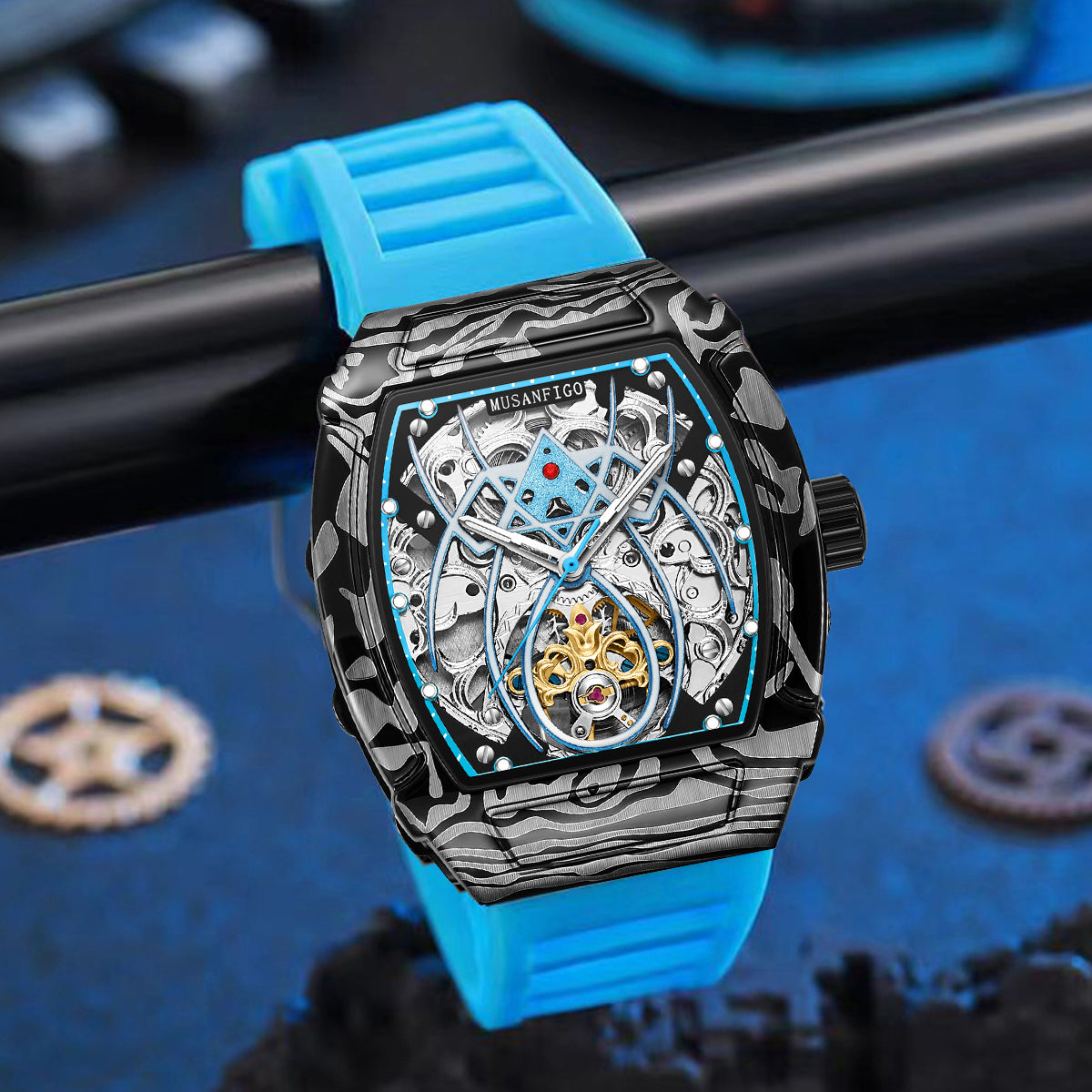 MUSANFIGO Tonneau Skeleton Automatic Watch – Modern Luxury Mechanical Sports Watch for Men