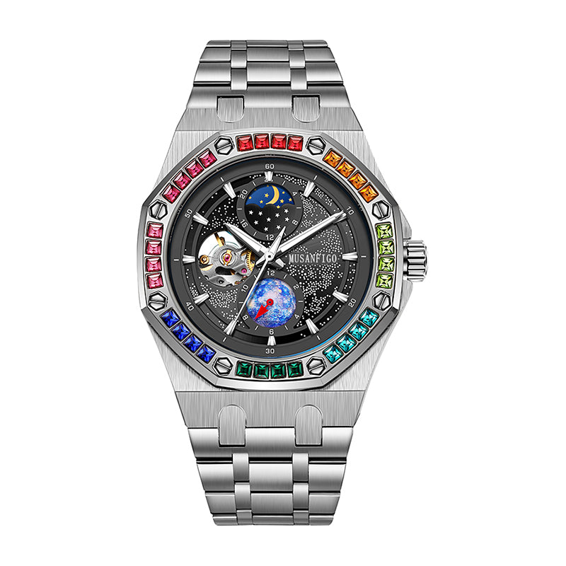 MUSANFIGO Automatic Mechanical Watch with Moon Phase – Luxury Multicolor Bezel Stainless Steel Watch for Men