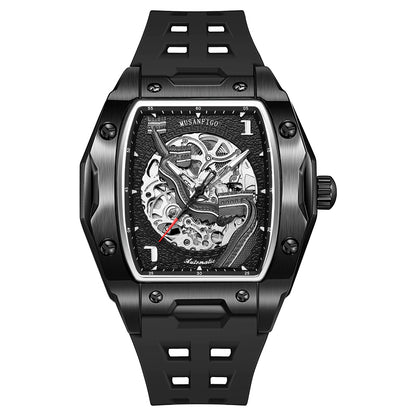 MUSANFIGO Square Skeleton Automatic Watch – Luxury Mechanical Sports Watch with Silicone Strap for Men