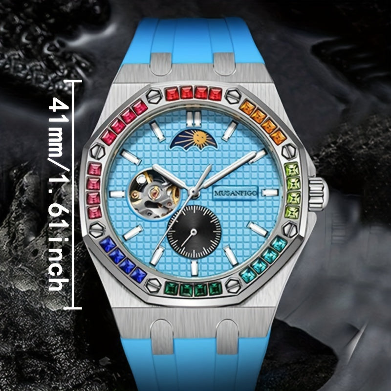 MUSANFIGO Automatic Mechanical Watch with Moon Phase – Luxury Colorful Bezel Sports Watch for Men