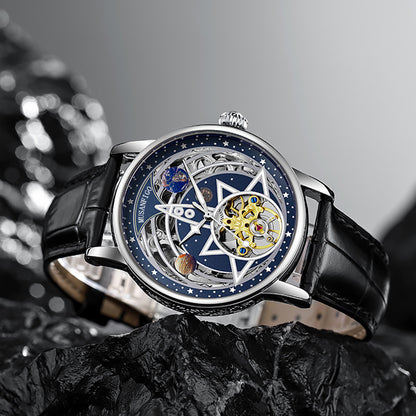 MUSANFIGO Astronomical Skeleton Automatic Watch – Luxury Mechanical Star Dial Leather Strap Watch for Men
