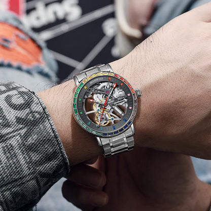 MUSANFIGO Skeleton Automatic Watch with Rainbow Crystal Bezel – Luxury Mechanical Timepiece for Men