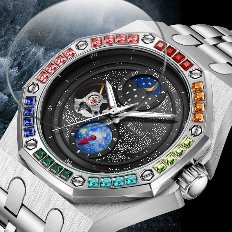 MUSANFIGO Automatic Mechanical Watch with Moon Phase – Luxury Multicolor Bezel Stainless Steel Watch for Men