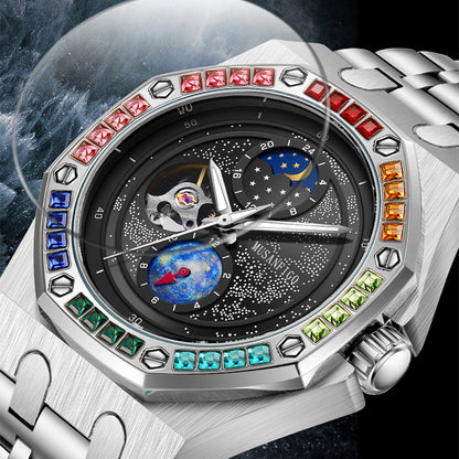 MUSANFIGO Automatic Mechanical Watch with Moon Phase – Luxury Multicolor Bezel Stainless Steel Watch for Men
