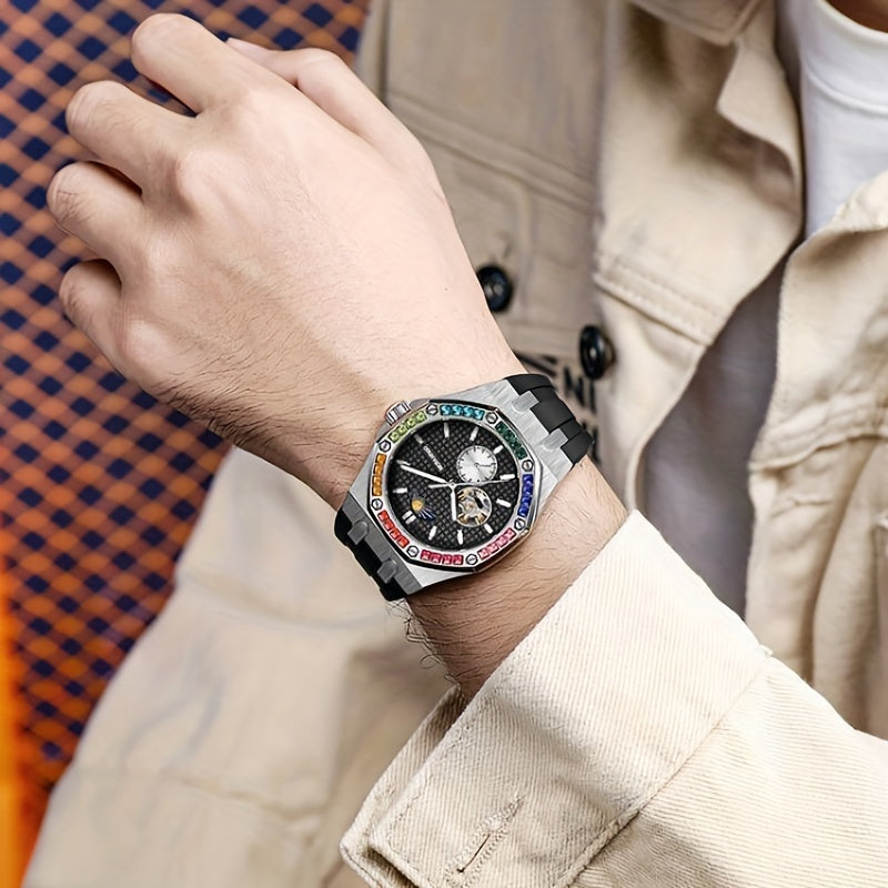 MUSANFIGO Automatic Mechanical Watch with Moon Phase – Luxury Colorful Bezel Sports Watch for Men