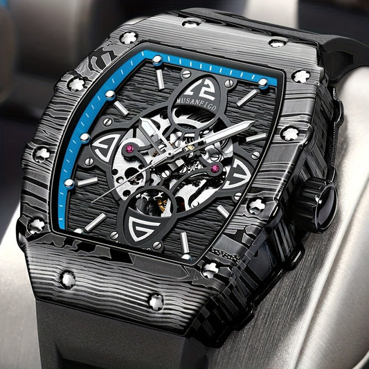 MUSANFIGO Tonneau Skeleton Automatic Watch – Luxury Mechanical Sports Watch for Men
