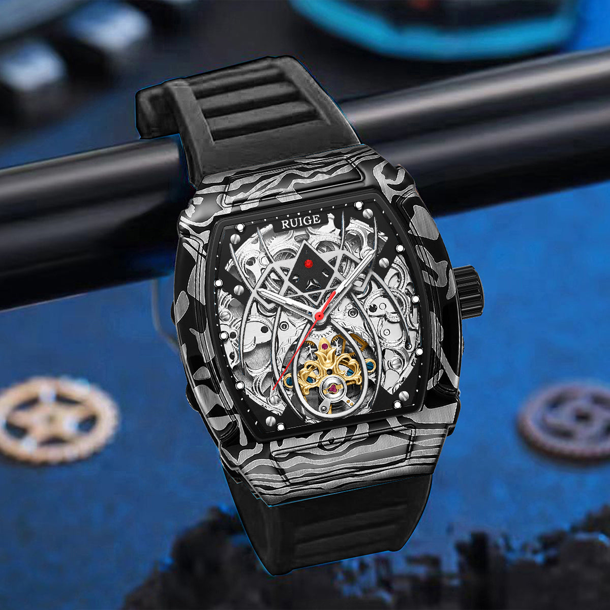 MUSANFIGO Tonneau Skeleton Automatic Watch – Modern Luxury Mechanical Sports Watch for Men