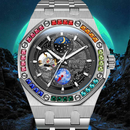 MUSANFIGO Automatic Mechanical Watch with Moon Phase – Luxury Multicolor Bezel Stainless Steel Watch for Men
