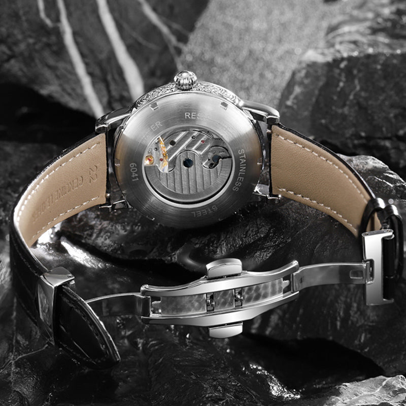 MUSANFIGO Astronomical Skeleton Automatic Watch – Luxury Mechanical Star Dial Leather Strap Watch for Men