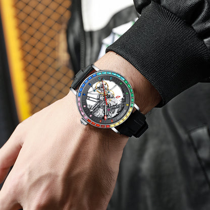 MUSANFIGO Skeleton Automatic Watch with Rainbow Crystal Bezel – Luxury Mechanical Timepiece for Men