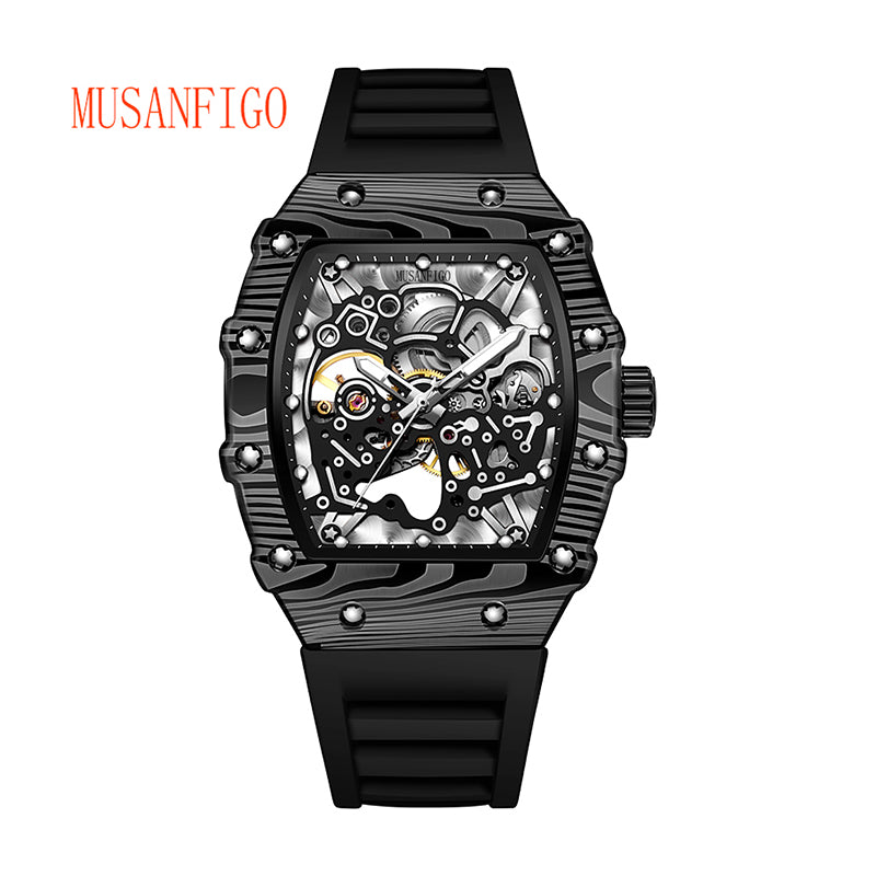 MUSANFIGO Tonneau Skeleton Automatic Watch – Luxury Mechanical Sport Watch for Men