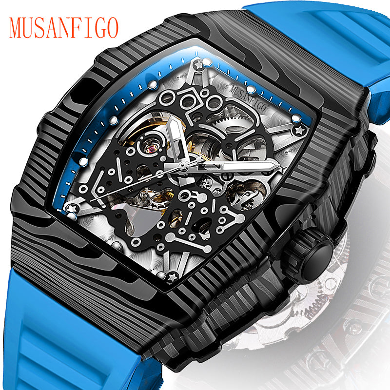MUSANFIGO Tonneau Skeleton Automatic Watch – Luxury Mechanical Sport Watch for Men