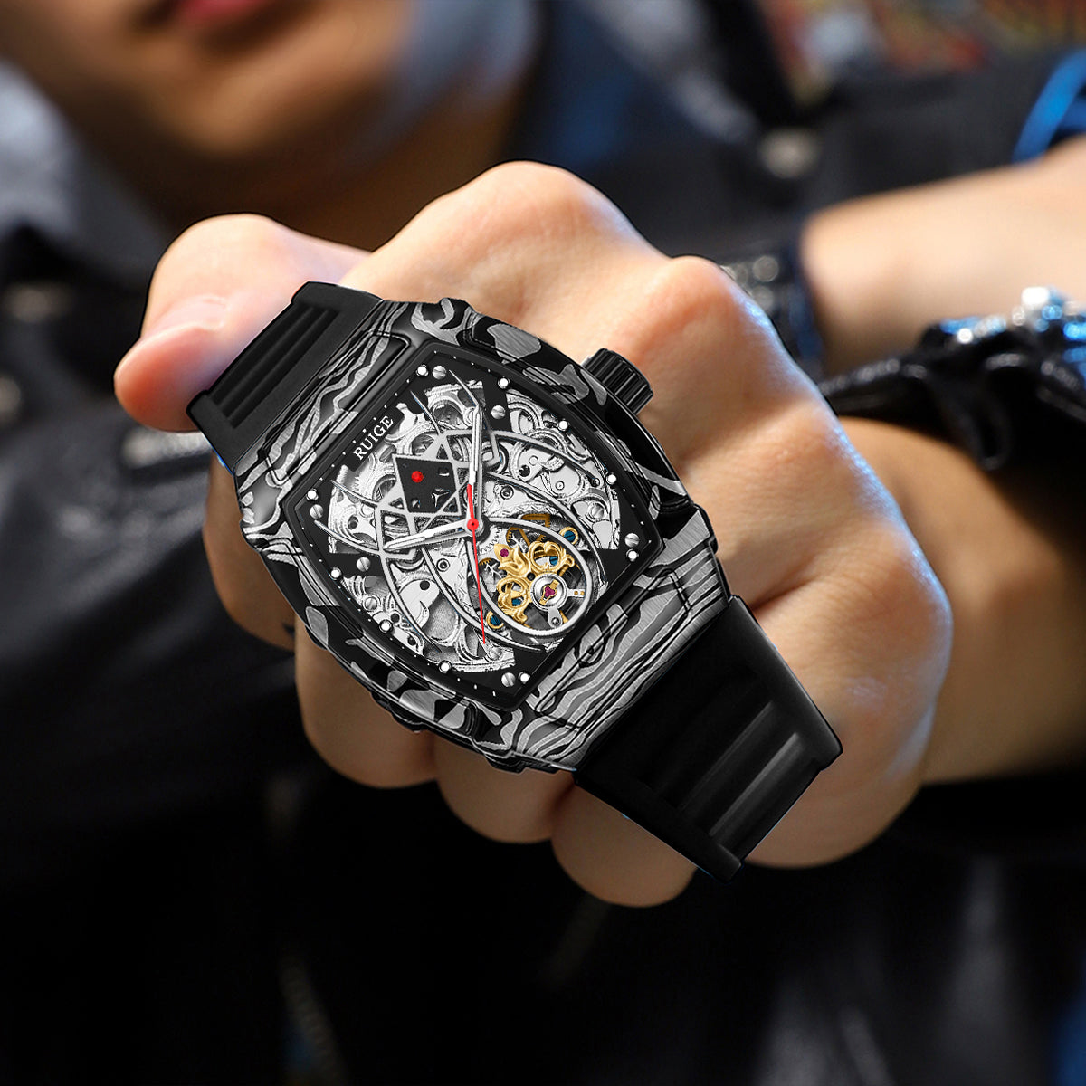 MUSANFIGO Tonneau Skeleton Automatic Watch – Modern Luxury Mechanical Sports Watch for Men