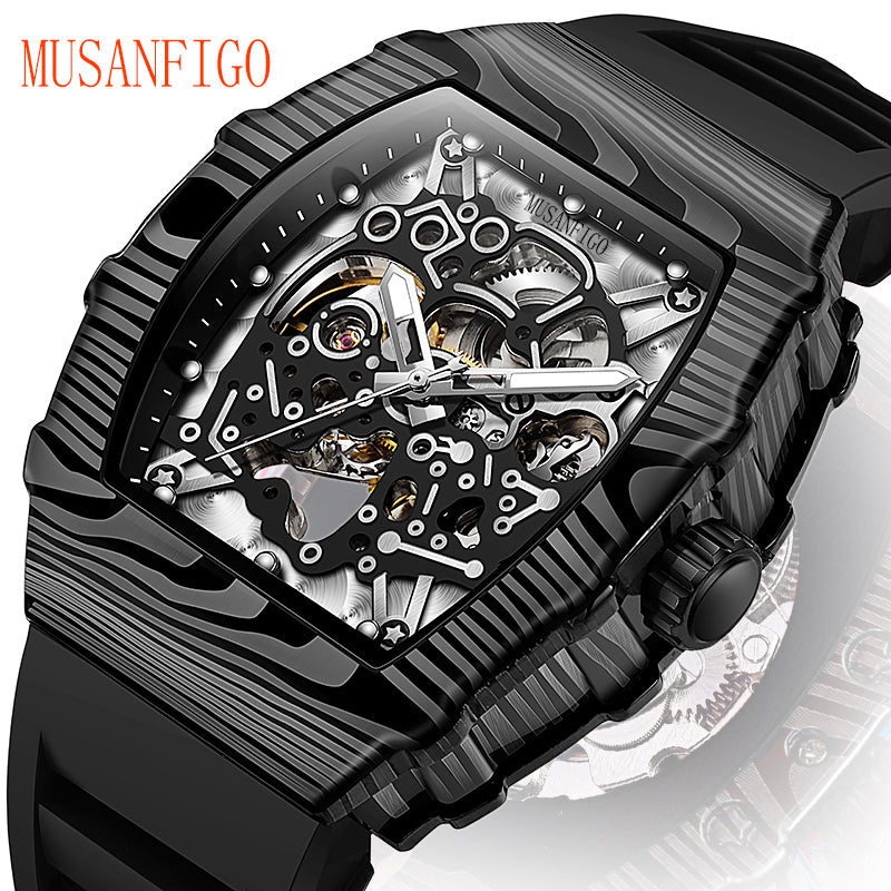 MUSANFIGO Tonneau Skeleton Automatic Watch – Luxury Mechanical Sport Watch for Men