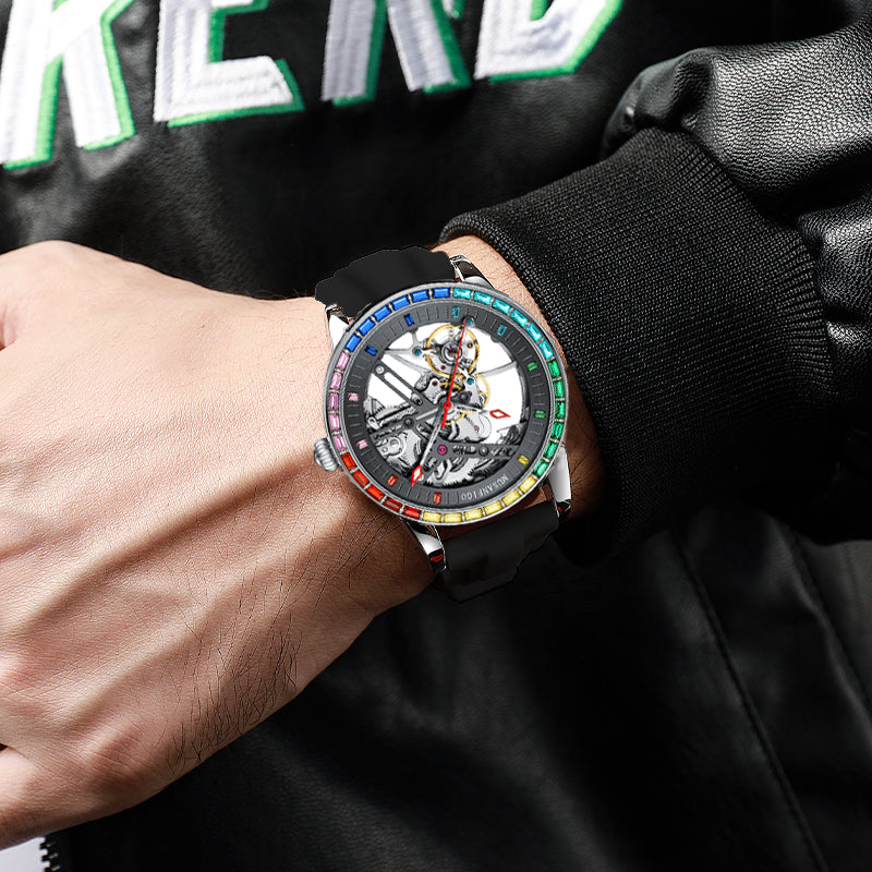 MUSANFIGO Skeleton Automatic Watch with Rainbow Crystal Bezel – Luxury Mechanical Timepiece for Men