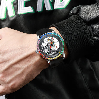 MUSANFIGO Skeleton Automatic Watch with Rainbow Crystal Bezel – Luxury Mechanical Timepiece for Men