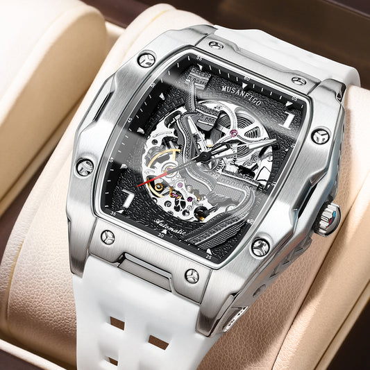 MUSANFIGO Square Skeleton Automatic Watch – Luxury Mechanical Sports Watch with Silicone Strap for Men