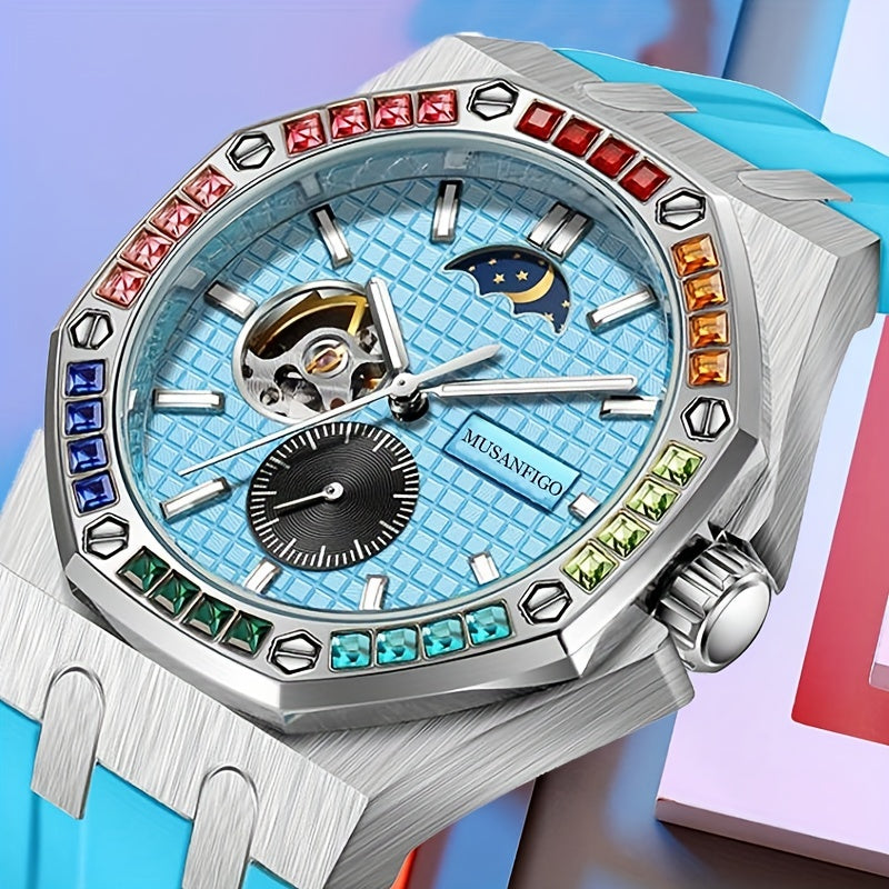 MUSANFIGO Automatic Mechanical Watch with Moon Phase – Luxury Colorful Bezel Sports Watch for Men