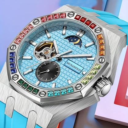 MUSANFIGO Automatic Mechanical Watch with Moon Phase – Luxury Colorful Bezel Sports Watch for Men