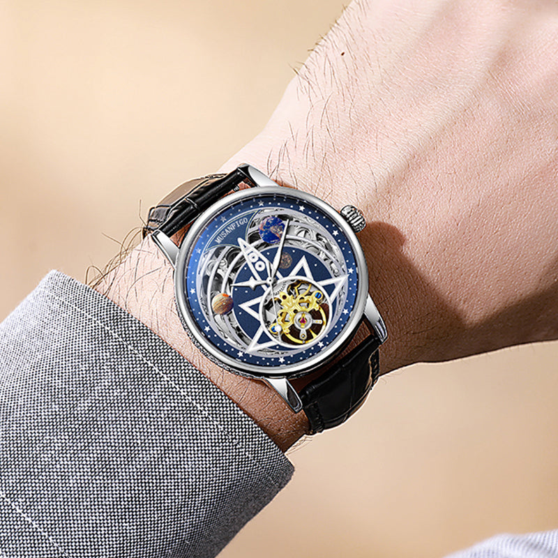 MUSANFIGO Astronomical Skeleton Automatic Watch – Luxury Mechanical Star Dial Leather Strap Watch for Men