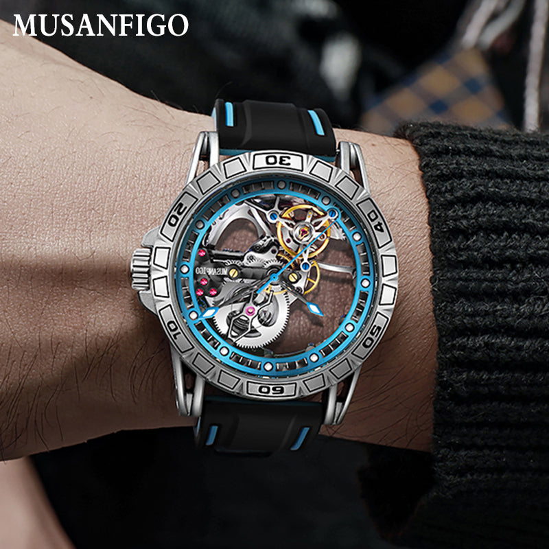 MUSANFIGO Skeleton Automatic Dive Watch – Luxury Mechanical Sports Watch with Silicone Strap for Men