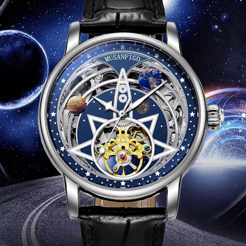 MUSANFIGO Astronomical Skeleton Automatic Watch – Luxury Mechanical Star Dial Leather Strap Watch for Men