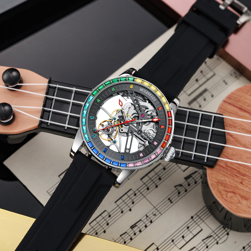 MUSANFIGO Skeleton Automatic Watch with Rainbow Crystal Bezel – Luxury Mechanical Timepiece for Men