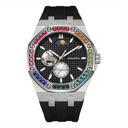 MUSANFIGO Automatic Mechanical Watch with Moon Phase – Luxury Colorful Bezel Sports Watch for Men
