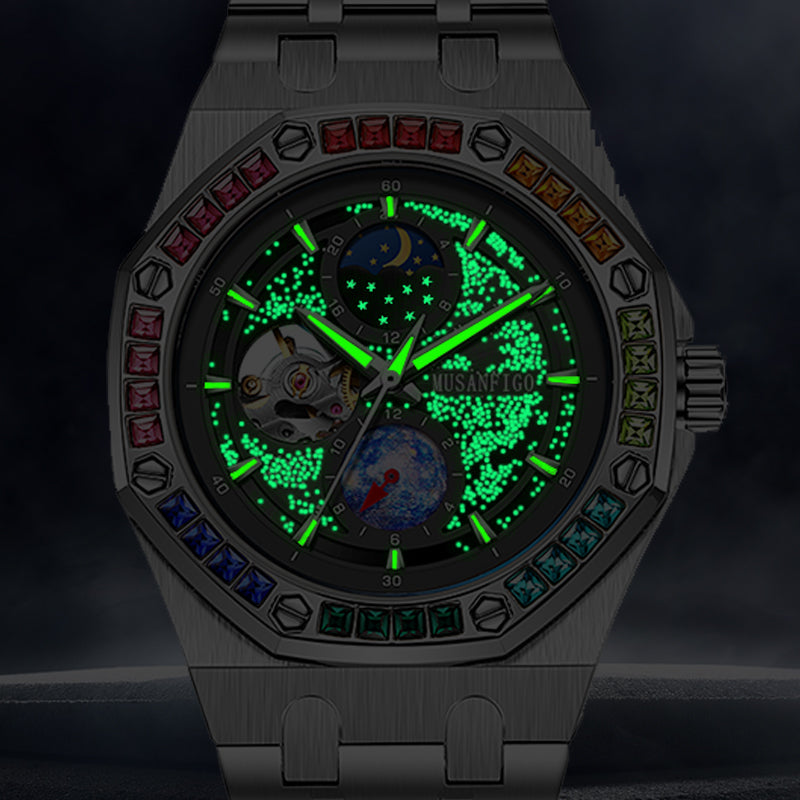 MUSANFIGO Automatic Mechanical Watch with Moon Phase – Luxury Multicolor Bezel Stainless Steel Watch for Men