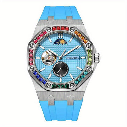 MUSANFIGO Automatic Mechanical Watch with Moon Phase – Luxury Colorful Bezel Sports Watch for Men