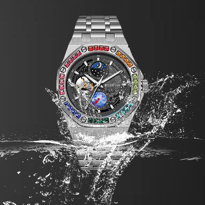 MUSANFIGO Automatic Mechanical Watch with Moon Phase – Luxury Multicolor Bezel Stainless Steel Watch for Men