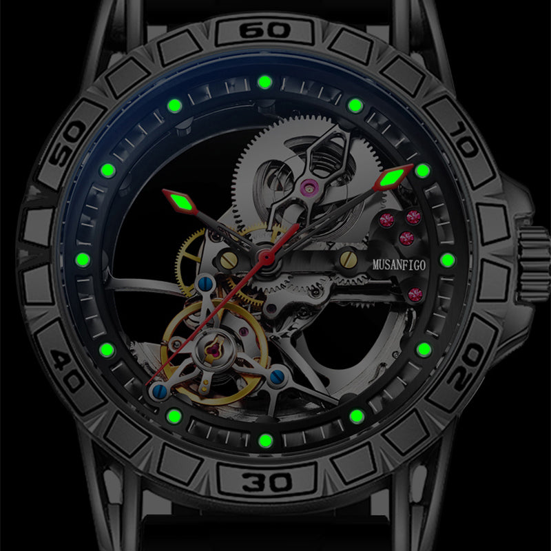MUSANFIGO Skeleton Automatic Dive Watch – Luxury Mechanical Sports Watch with Silicone Strap for Men