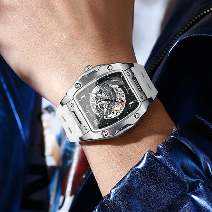 MUSANFIGO Square Skeleton Automatic Watch – Luxury Mechanical Sports Watch with Silicone Strap for Men