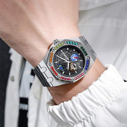 MUSANFIGO Automatic Mechanical Watch with Moon Phase – Luxury Multicolor Bezel Stainless Steel Watch for Men